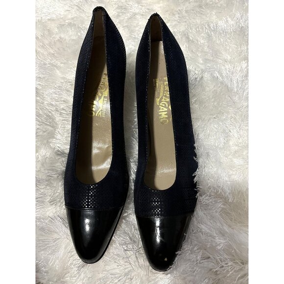 Women's Vintage Salvatore‎ Ferragamo Black Blue Reptile Print Leather Heel Pumps - Picture 1 of 6